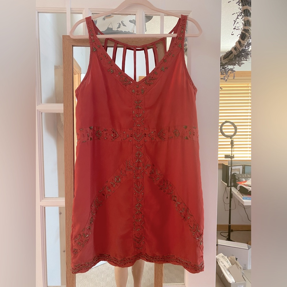 Size L burnt orange Ecote mini dress with gold sequins and strappy back